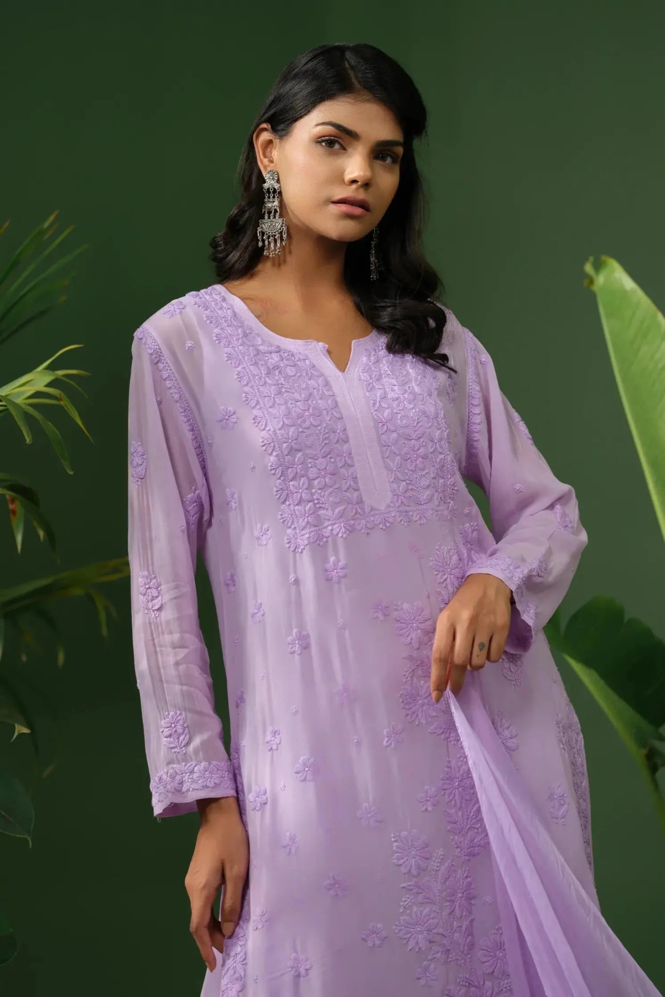 Viscose Chikankari Suit Set with Palazzo & Dupatta - The House of Indu