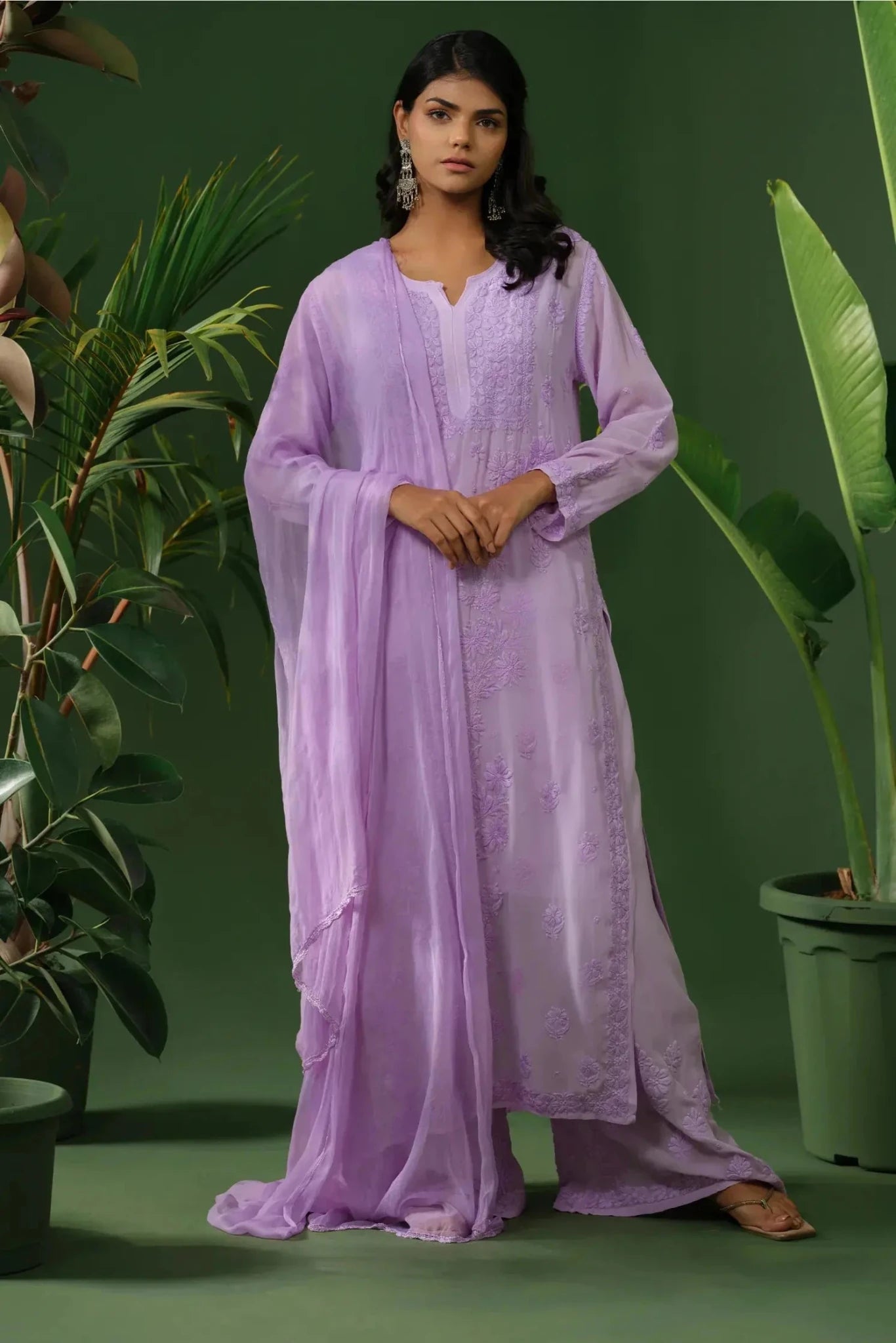 Viscose Chikankari Suit Set with Palazzo & Dupatta - The House of Indu