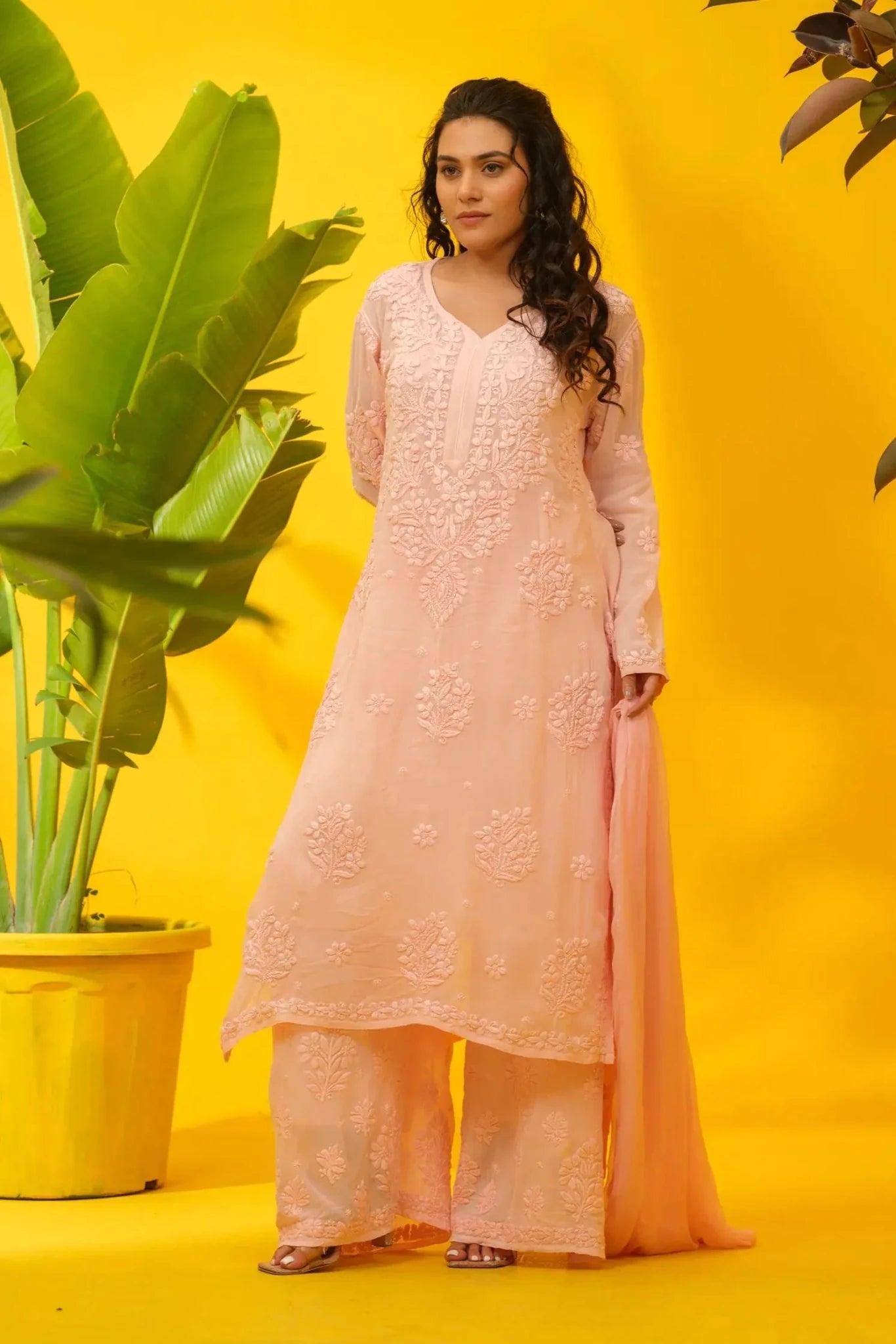 Viscose Chikankari Suit Set with Palazzo & Dupatta - The House of Indu