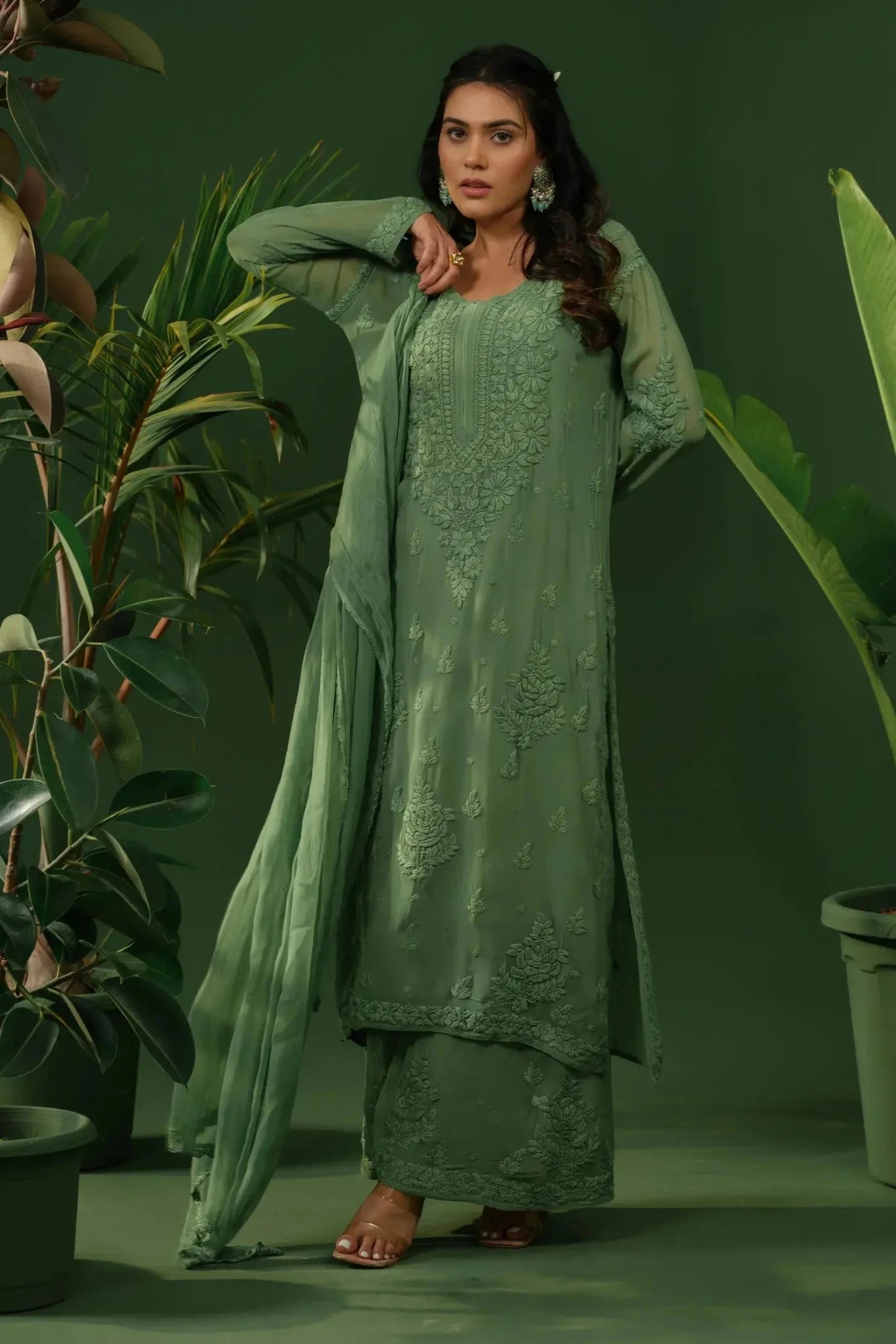 Viscose Chikankari Suit Set with Palazzo & Dupatta - The House of Indu