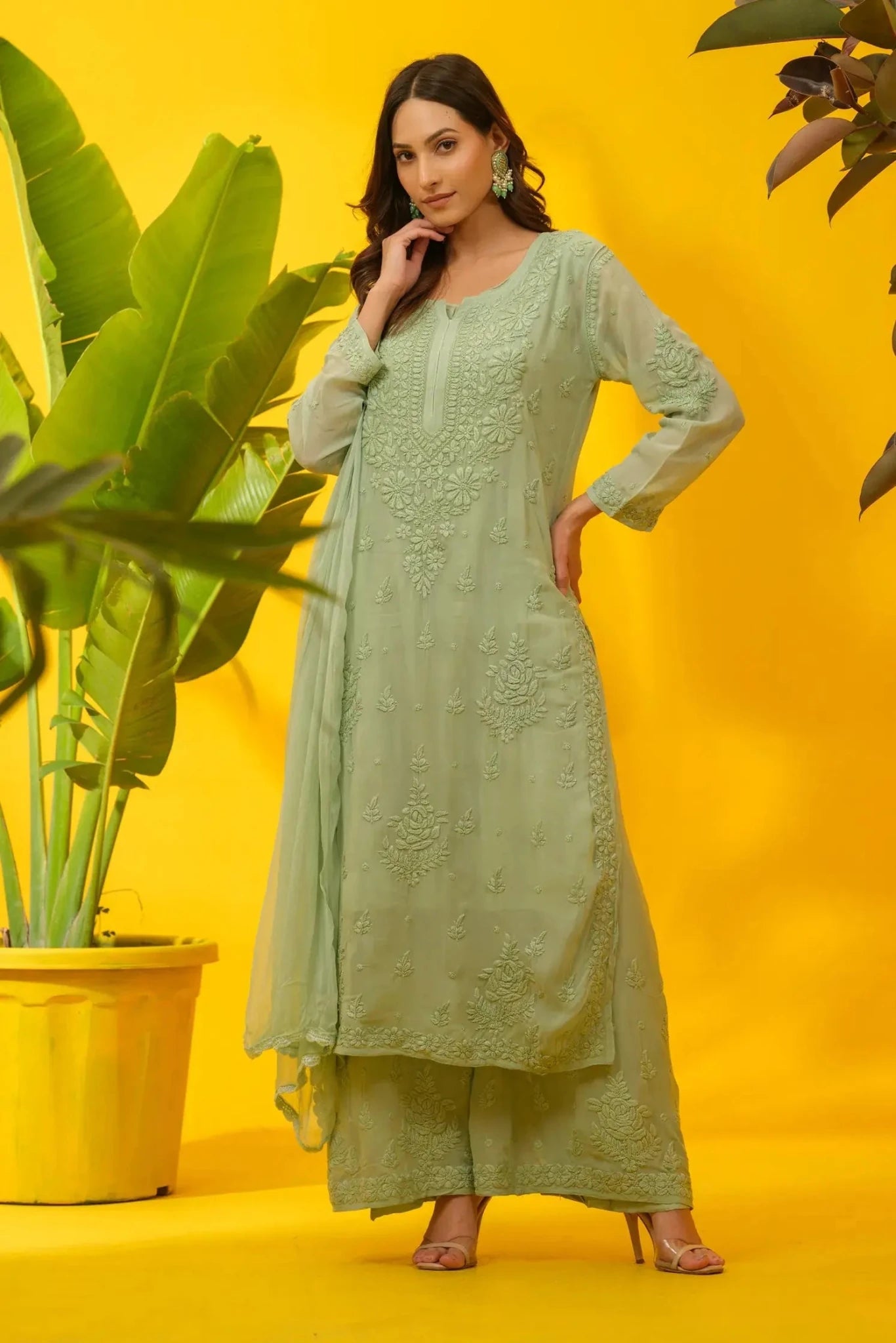 Viscose Chikankari Suit Set with Palazzo & Dupatta - The House of Indu