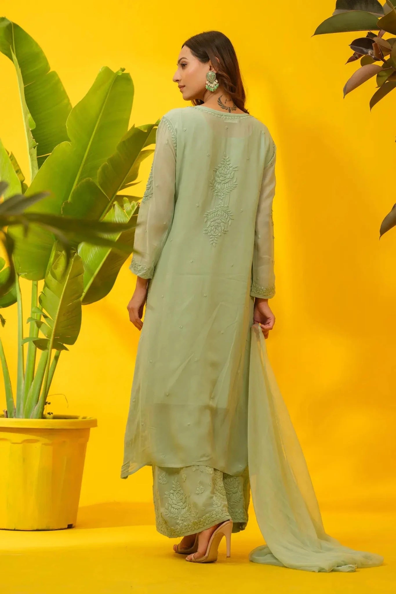 Viscose Chikankari Suit Set with Palazzo & Dupatta - The House of Indu