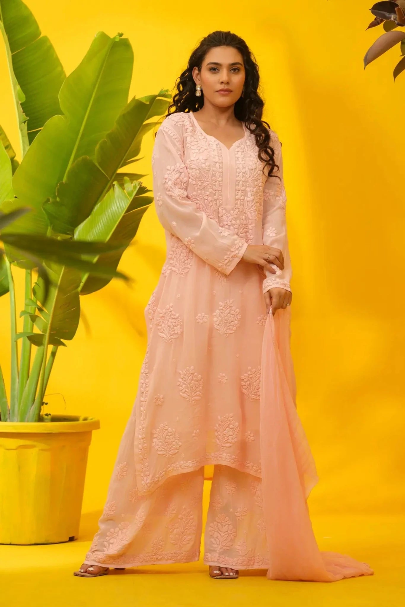 Viscose Chikankari Suit Set with Palazzo & Dupatta - The House of Indu