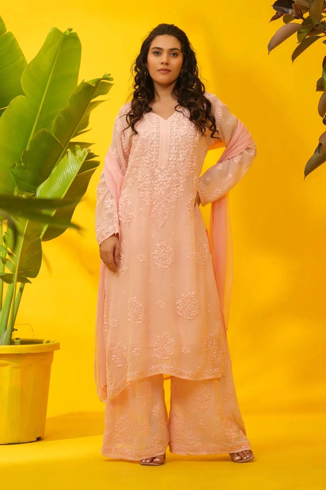 Viscose Chikankari Suit Set with Palazzo & Dupatta - The House of Indu
