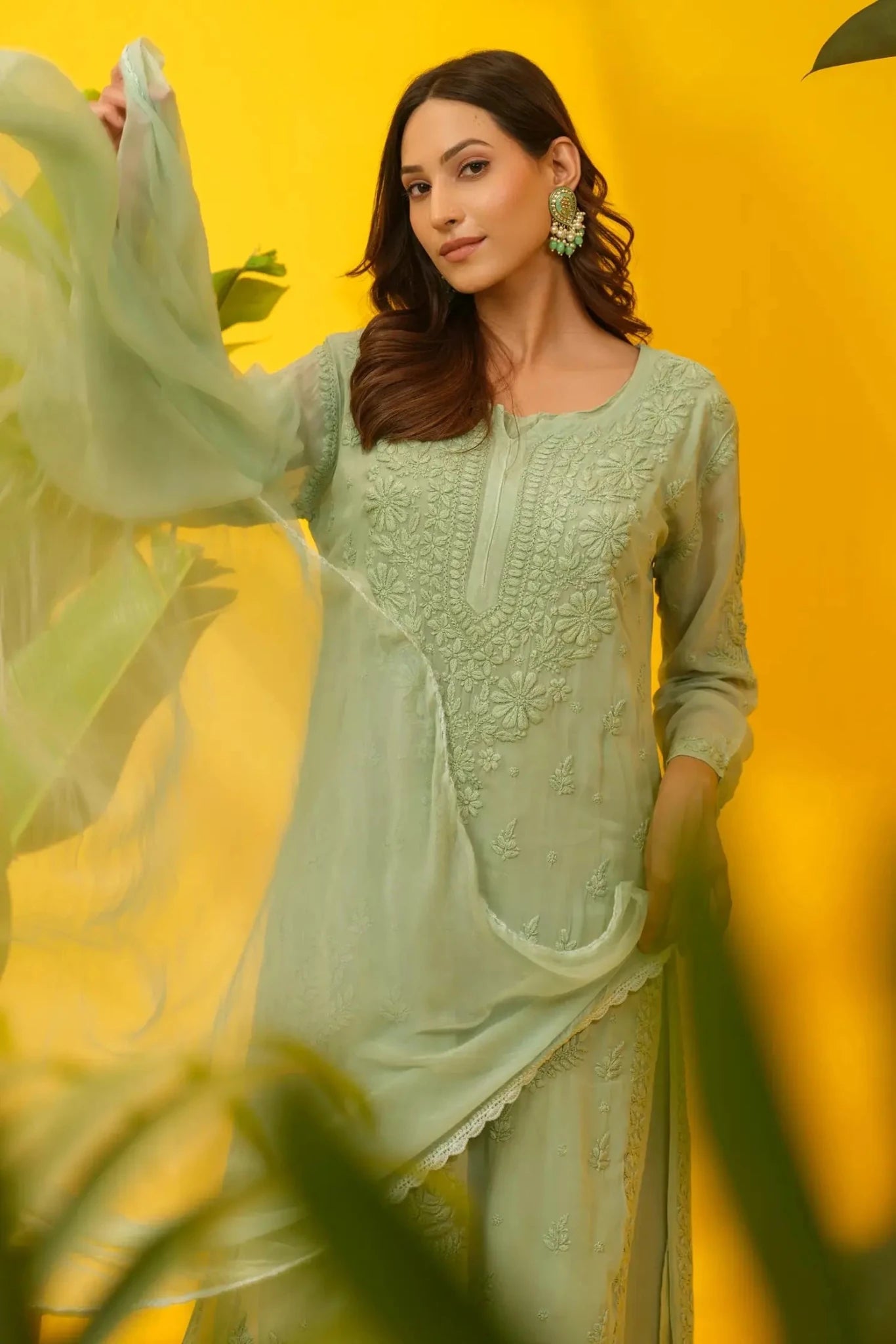 Viscose Chikankari Suit Set with Palazzo & Dupatta - The House of Indu