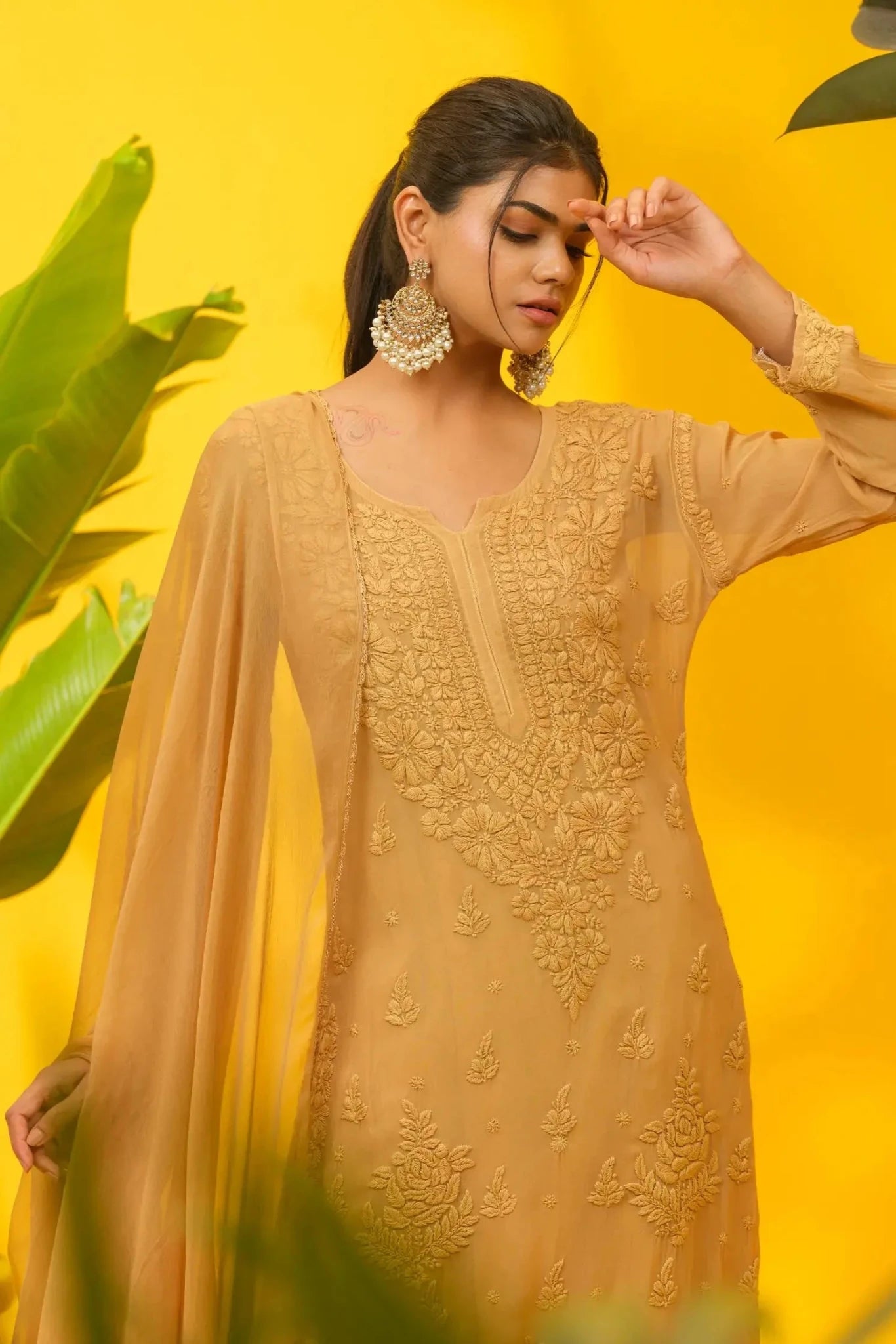 Viscose Chikankari Suit Set with Palazzo & Dupatta - The House of Indu