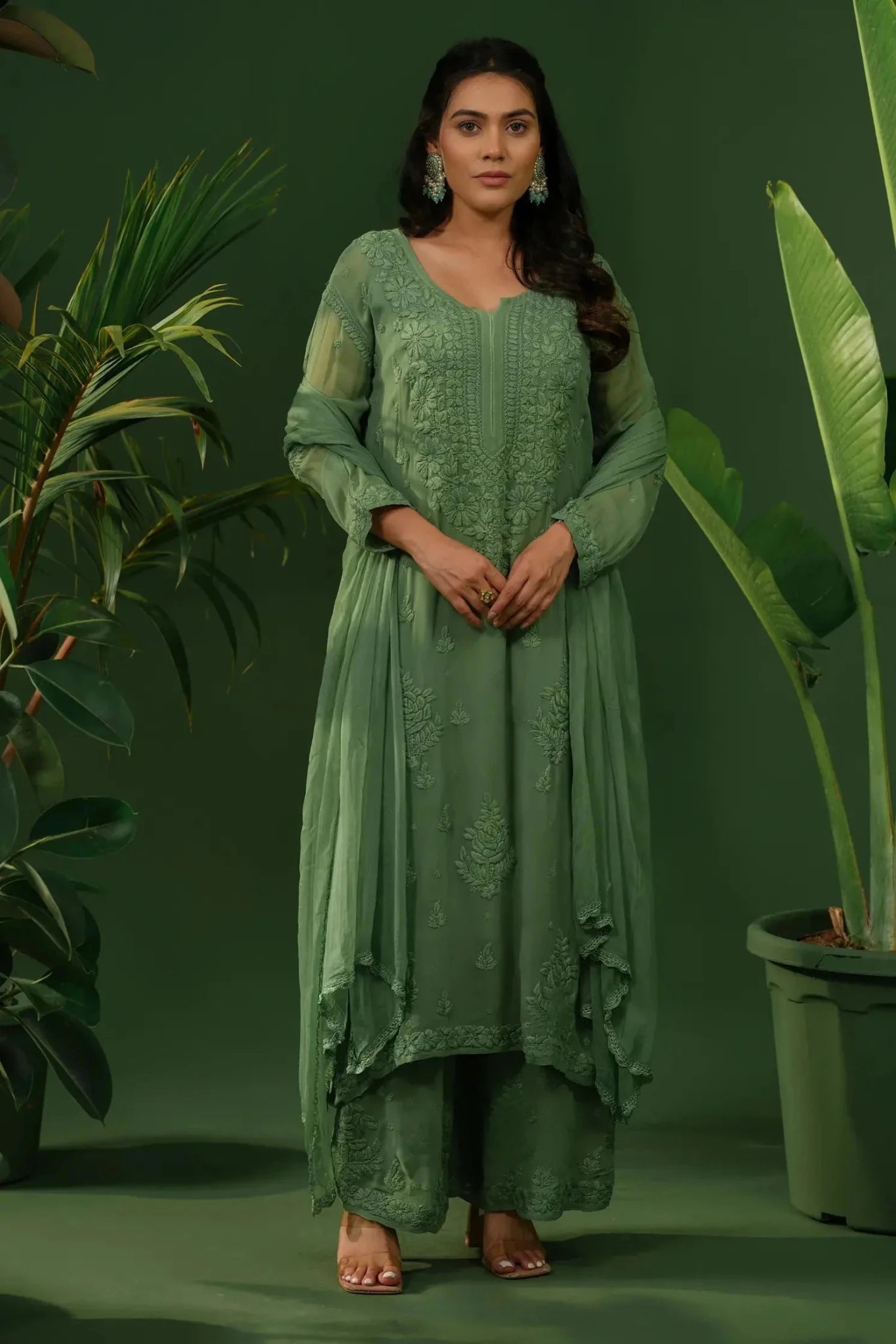 Viscose Chikankari Suit Set with Palazzo & Dupatta - The House of Indu