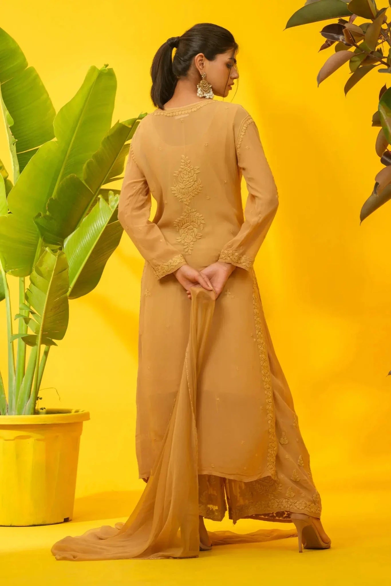 Viscose Chikankari Suit Set with Palazzo & Dupatta - The House of Indu