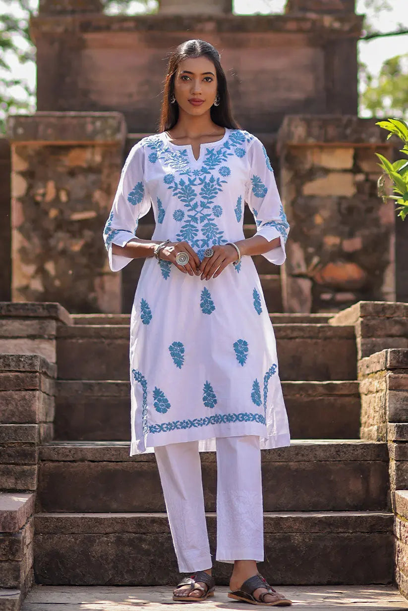 White Chikankari Kurti with Blue Embroidery Front View