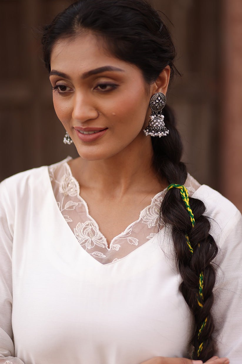 White Chanderi A-Line Kurta Set with Organza Embroidered Neckline - The House of Indu