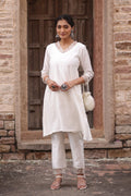 White Chanderi A-Line Kurta Set with Organza Embroidered Neckline - The House of Indu