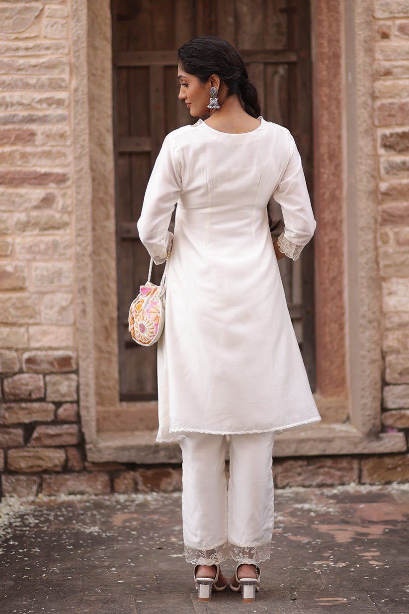 White Chanderi A-Line Kurta Set with Organza Embroidered Neckline - The House of Indu