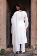 White Chanderi Hand Embroidered Yoke Kurta Set with Dupatta - The House of Indu