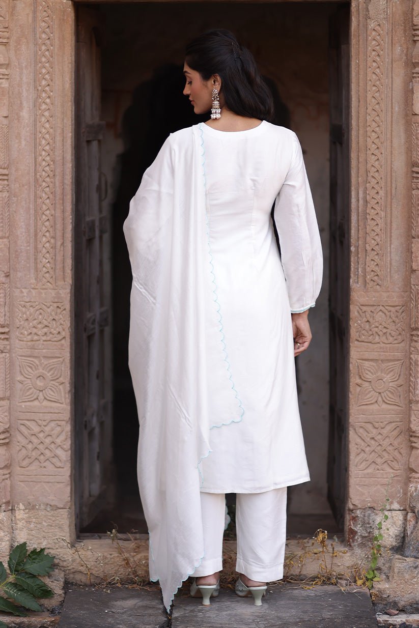 White Chanderi Hand Embroidered Yoke Kurta Set with Dupatta - The House of Indu
