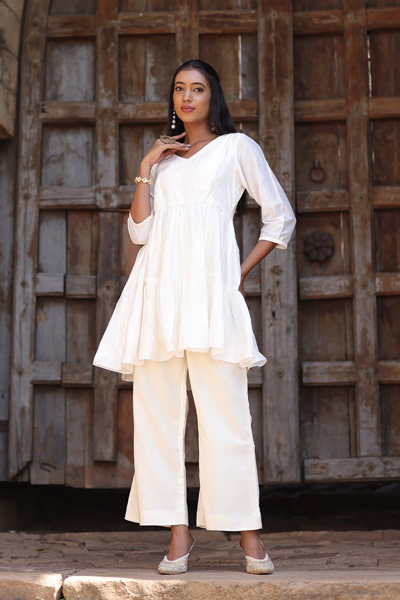 White Chanderi Short Kurti for Women - The House of Indu