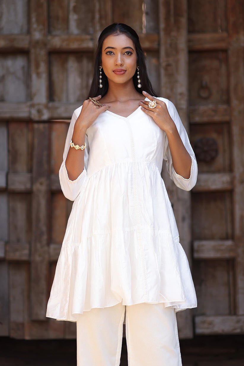White Chanderi Short Kurti for Women - The House of Indu