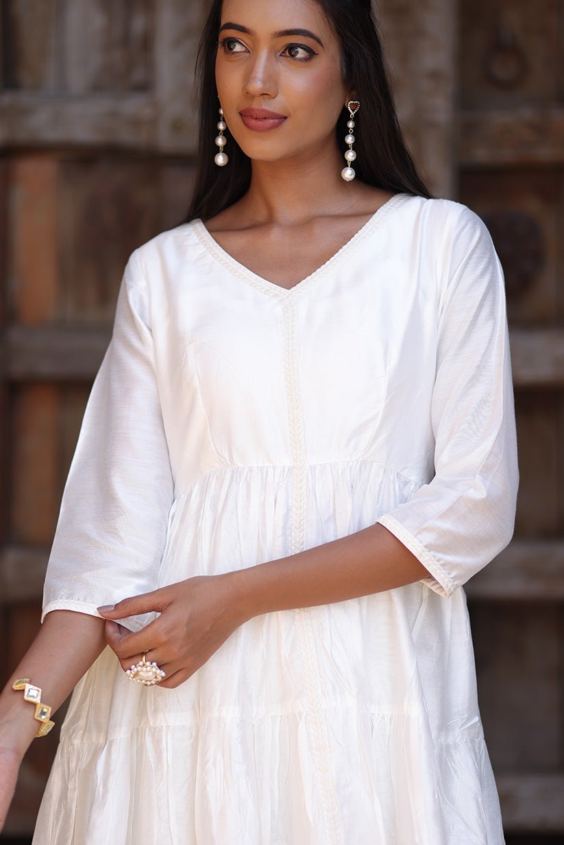 White Chanderi Short Kurti for Women - The House of Indu