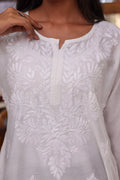White Chikankari Embroidery Closeup on Short Kurti