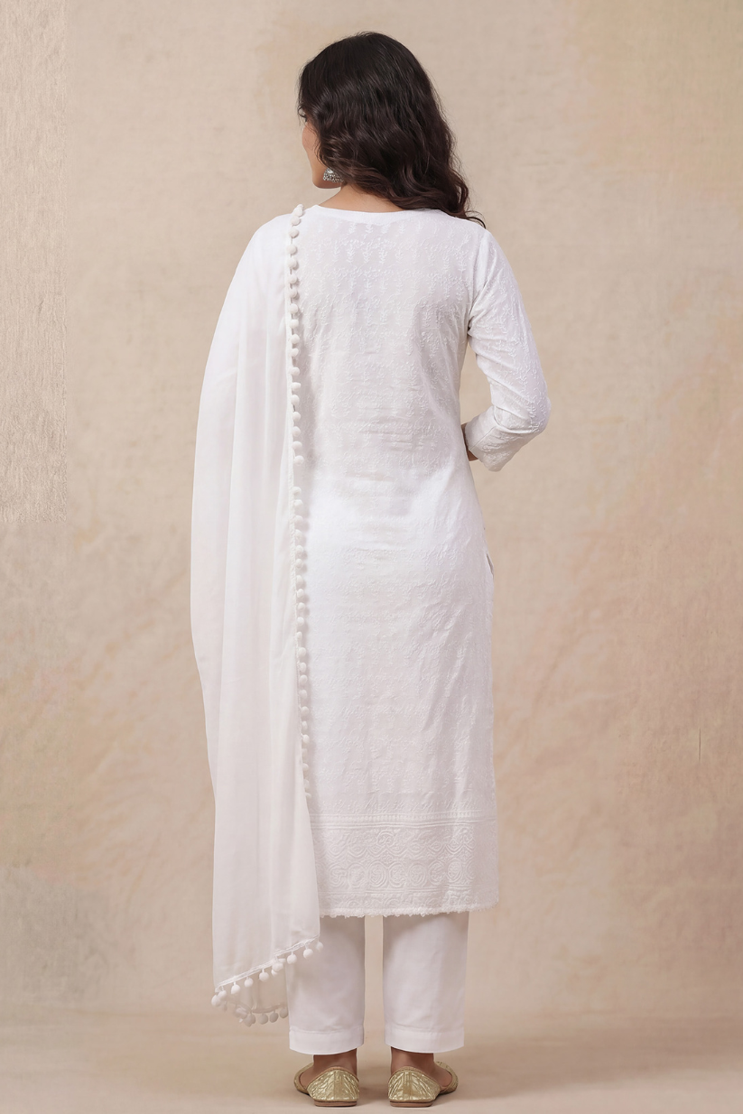 Back view of white chikankari style kurta set with dupatta for women