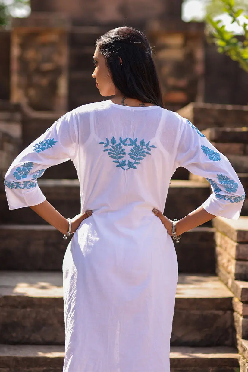White Chikankari Kurti with Blue Embroidery Front View