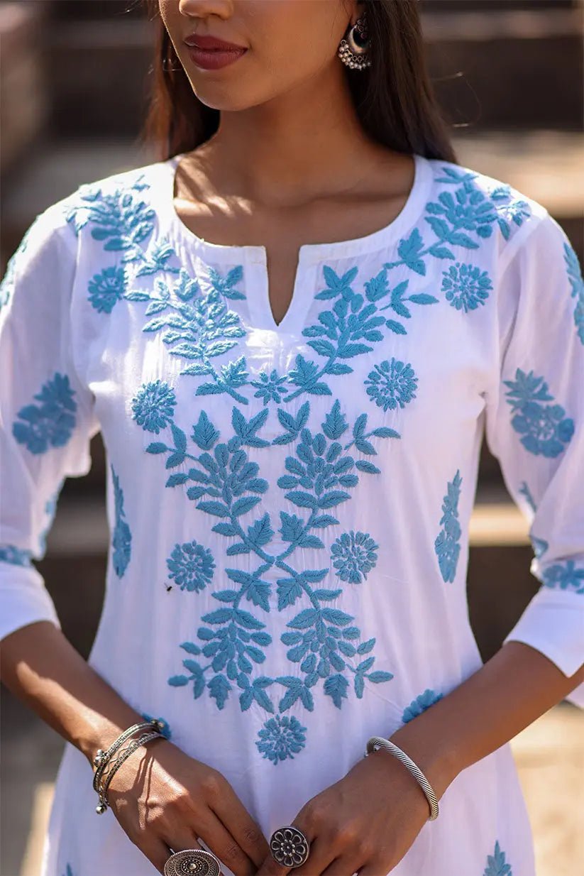 White Chikankari Kurti for Women with Blue Embroidery & Straight Fit - The House of Indu