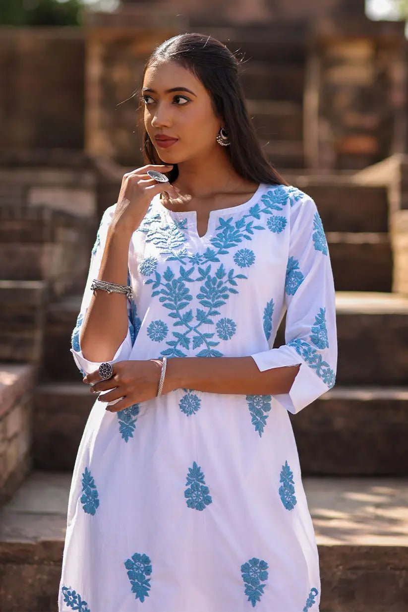 White Chikankari Kurti for Women with Blue Embroidery & Straight Fit - The House of Indu