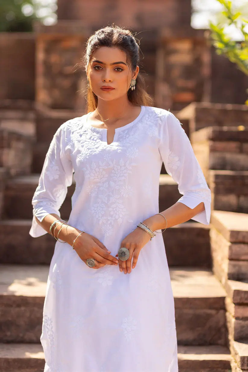 White Chikankari Straight Kurti for Women Front View