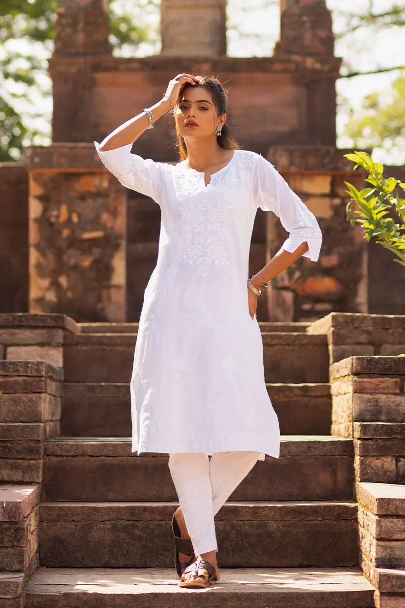 White Chikankari Straight Kurti for Women Front View