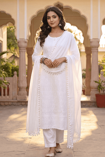 White Cotton Kurta Set with Dupatta - The House of Indu