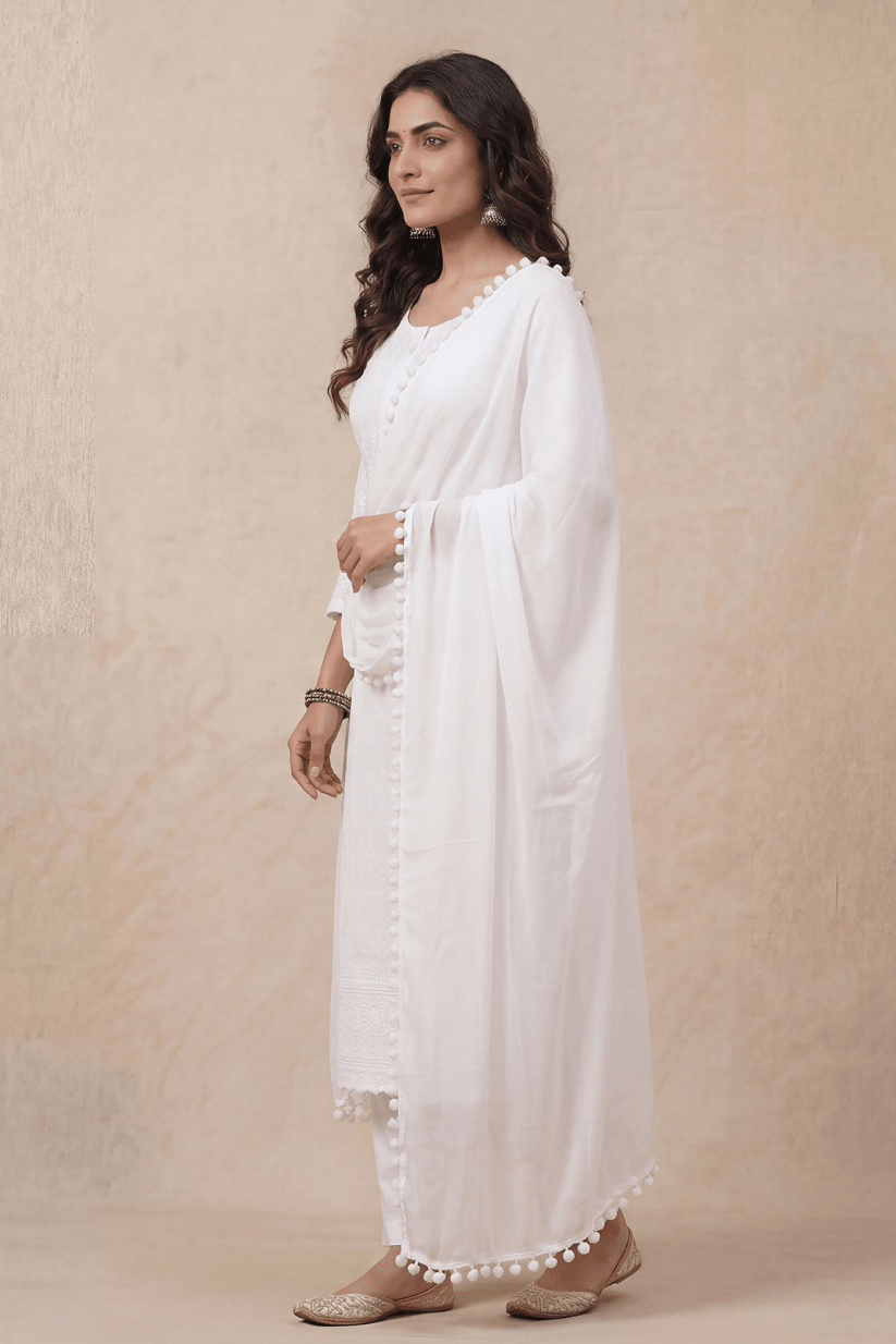 White Cotton Kurta Set with Dupatta - The House of Indu