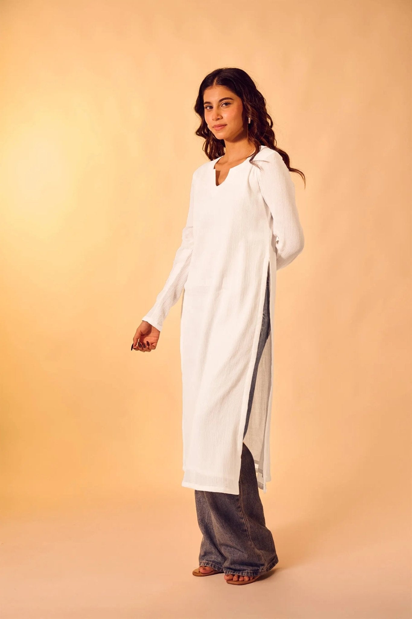 White Cotton V-Neck Kurti for Women Everyday Wear - The House of Indu