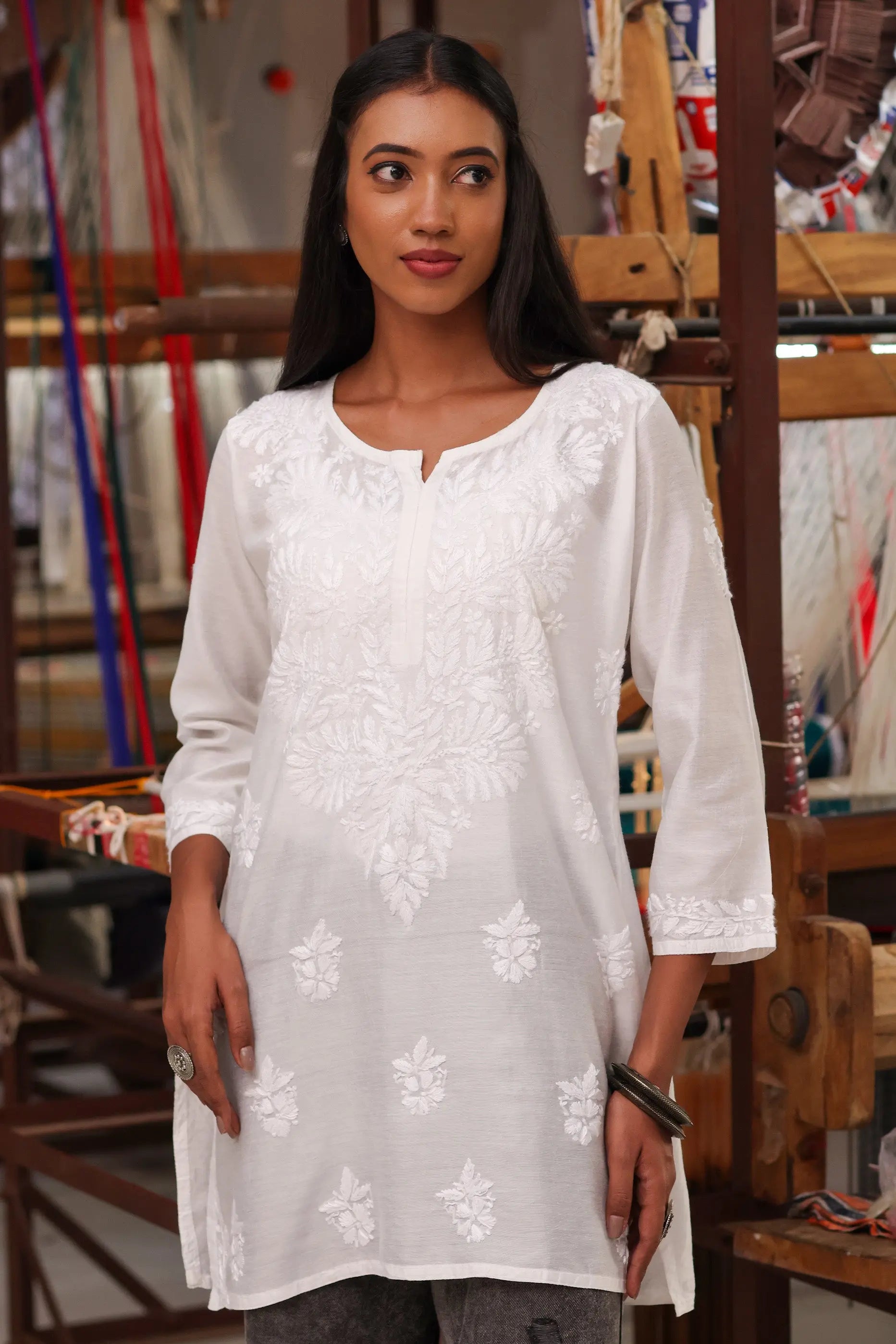 White Embroidered Short Kurti Full View for Women