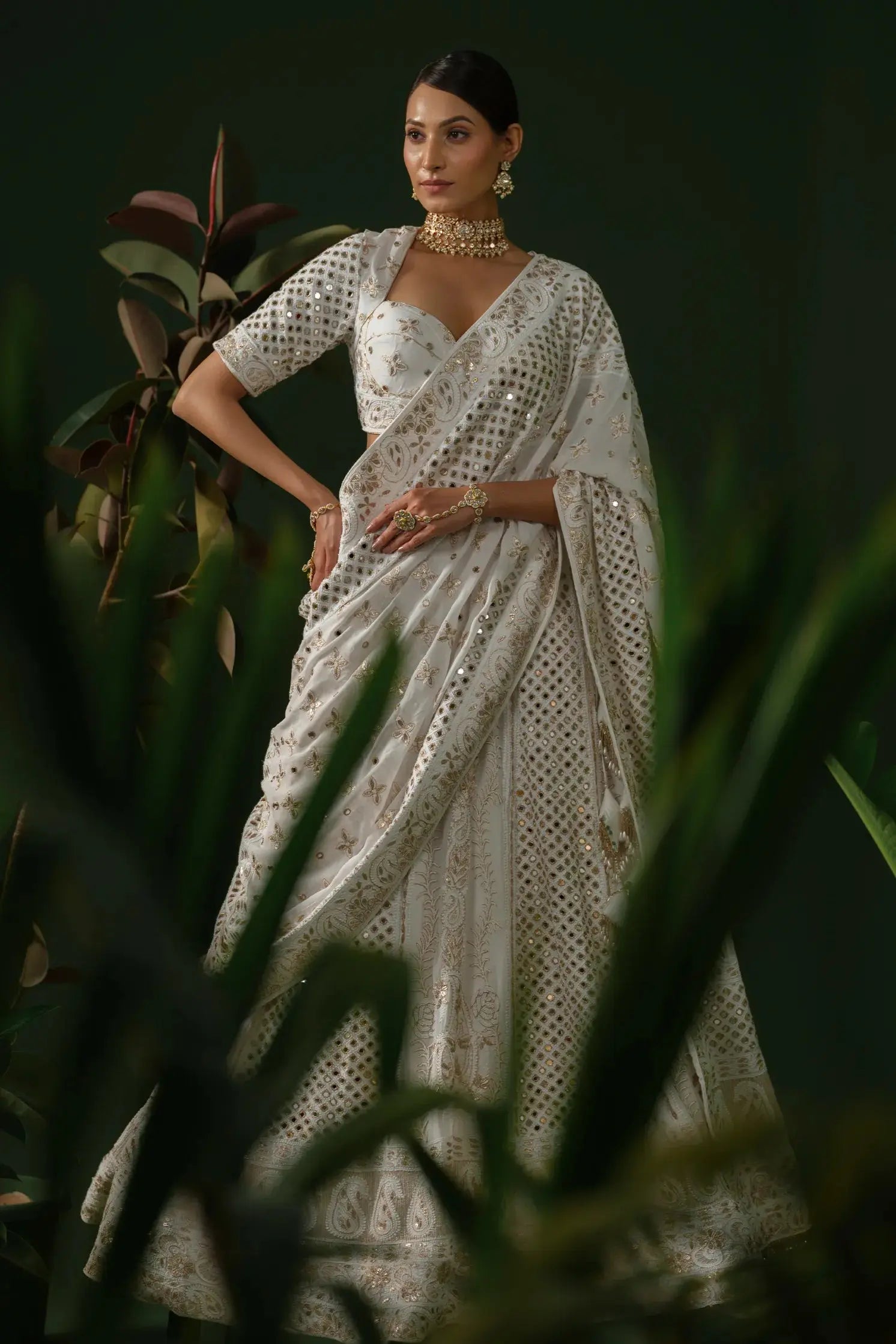 White festive georgette lehenga set with dupatta