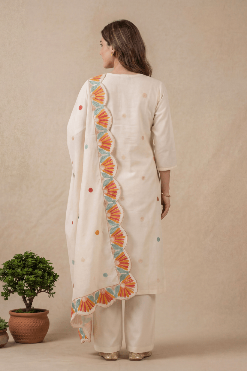 White Floral Embroidered Kurta Set with Dupatta for Women - The House of Indu