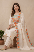 White Floral Embroidered Kurta Set with Dupatta for Women - The House of Indu