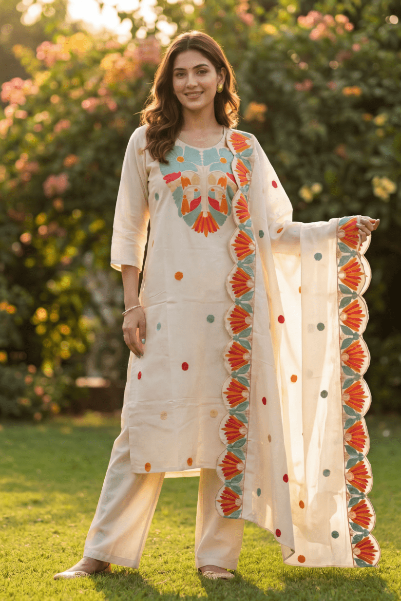 White Floral Embroidered Kurta Set with Dupatta for Women - The House of Indu