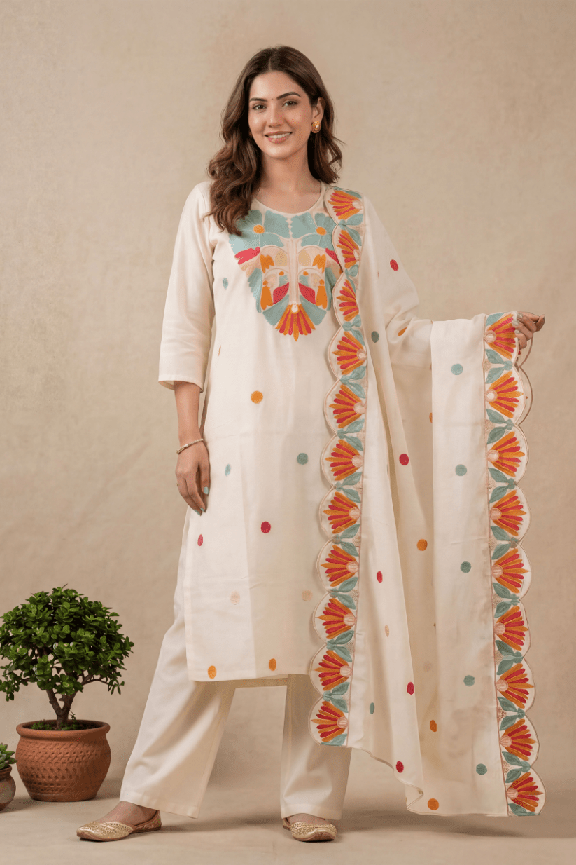 White Floral Embroidered Kurta Set with Dupatta for Women - The House of Indu