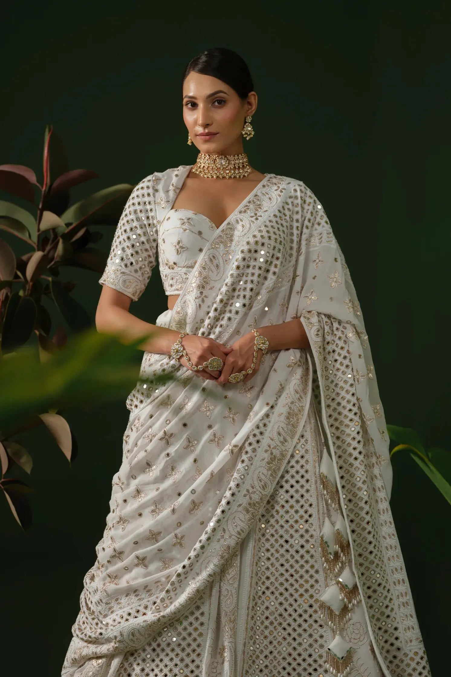 White georgette chikankari lehenga with blouse and dupatta front view
