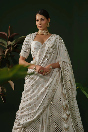 White georgette chikankari lehenga with blouse and dupatta front view