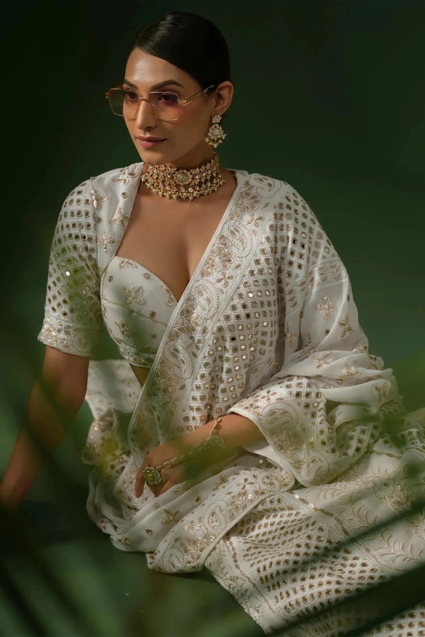 White Georgette Chikankari Lehenga with Blouse & Dupatta - The House of Indu