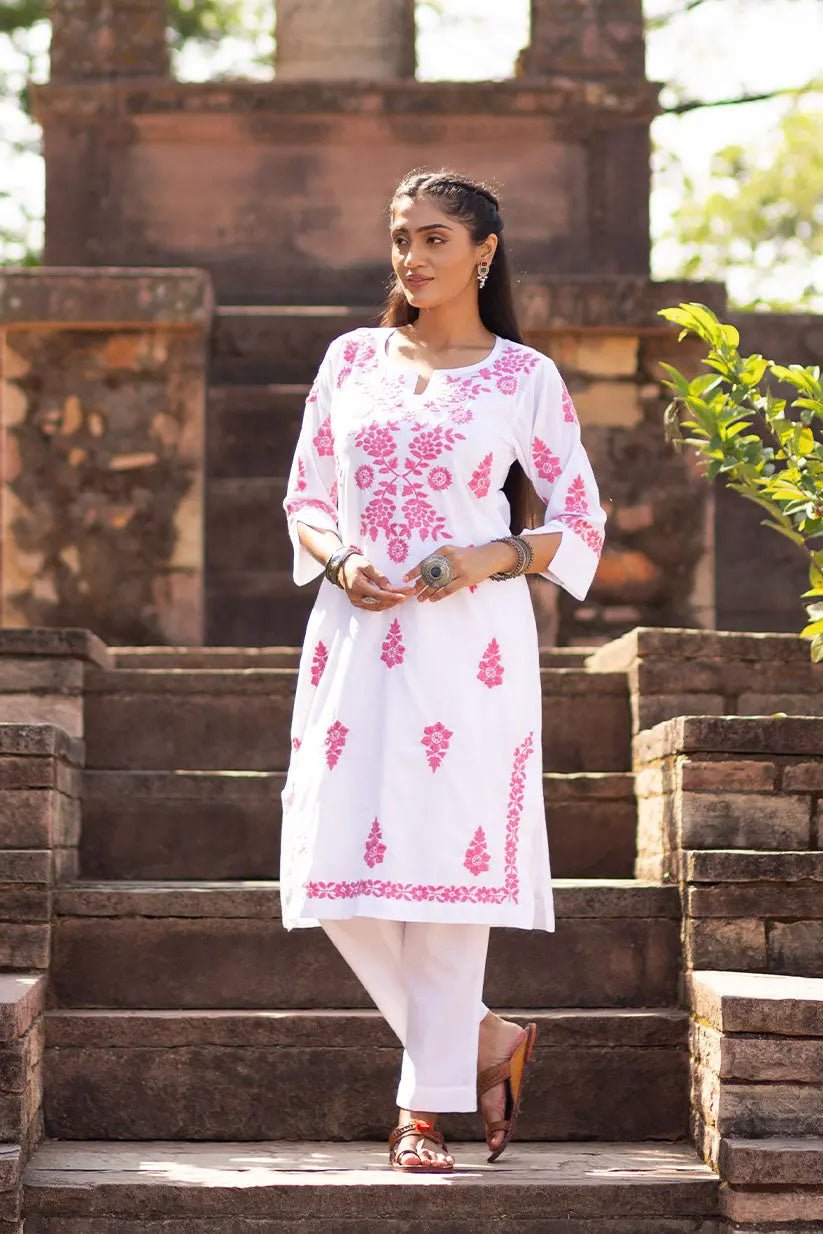 White Straight Kurti with Pink Chikankari for Women | Elegant Cotton Ethnic Wear - The House of Indu