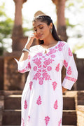 White Straight Kurti with Pink Chikankari for Women | Elegant Cotton Ethnic Wear - The House of Indu