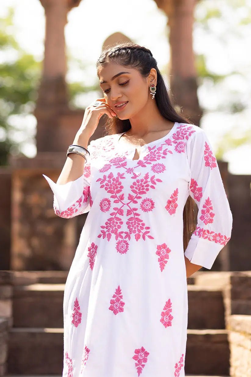 White Straight Kurti with Pink Chikankari for Women | Elegant Cotton Ethnic Wear - The House of Indu