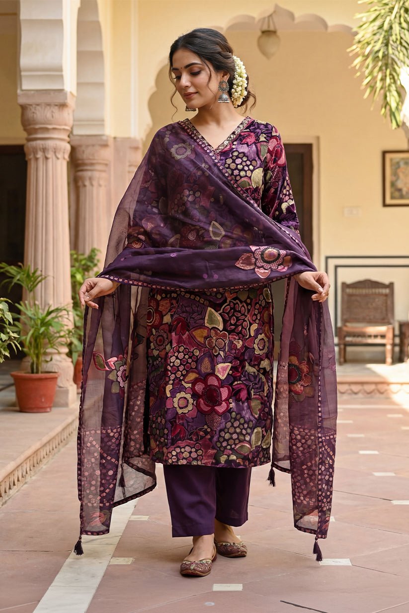 Wine Floral Print Straight Cotton Kurta Pant Dupatta Set for Women - The House of Indu