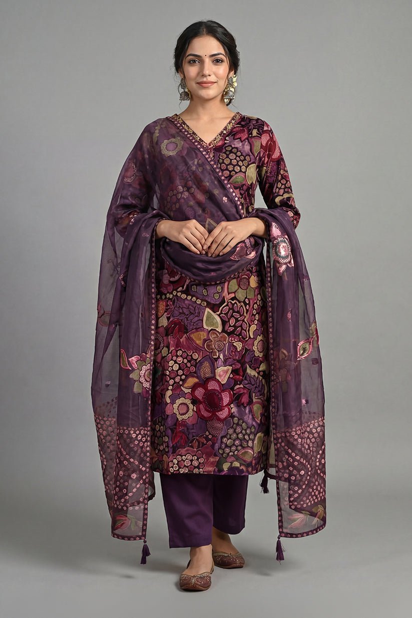 Wine Floral Print Straight Cotton Kurta Pant Dupatta Set for Women - The House of Indu