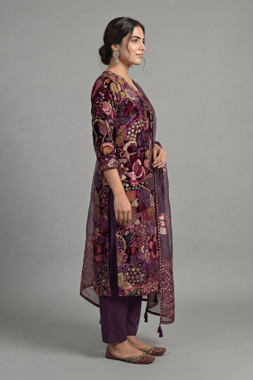 Wine Floral Print Straight Cotton Kurta Pant Dupatta Set for Women - The House of Indu