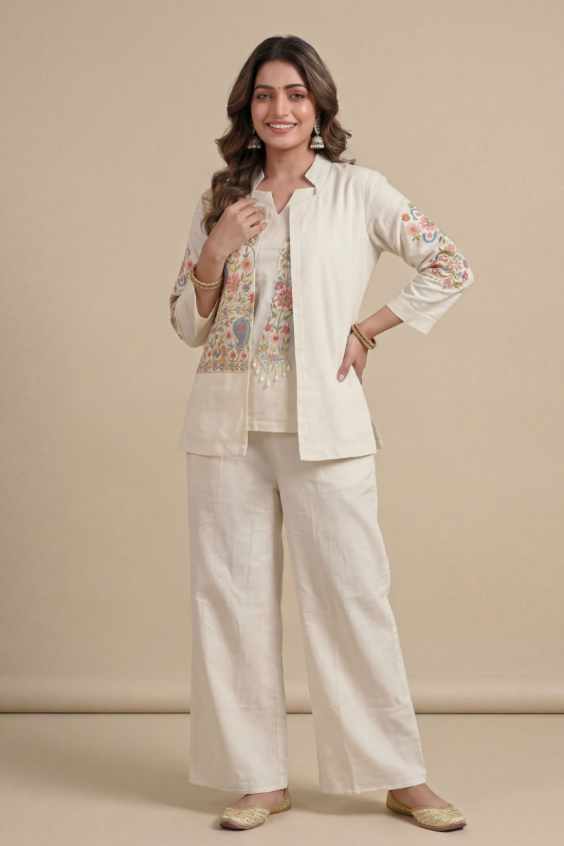 Woman wearing ivory embroidered kurta set with jacket and palazzo pants