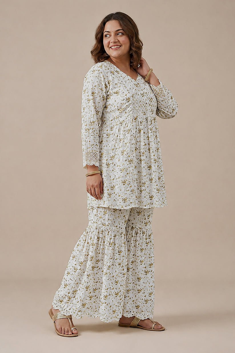 Women's White Floral Printed Chiffon Co-Ord Set with Sharara - The House of Indu