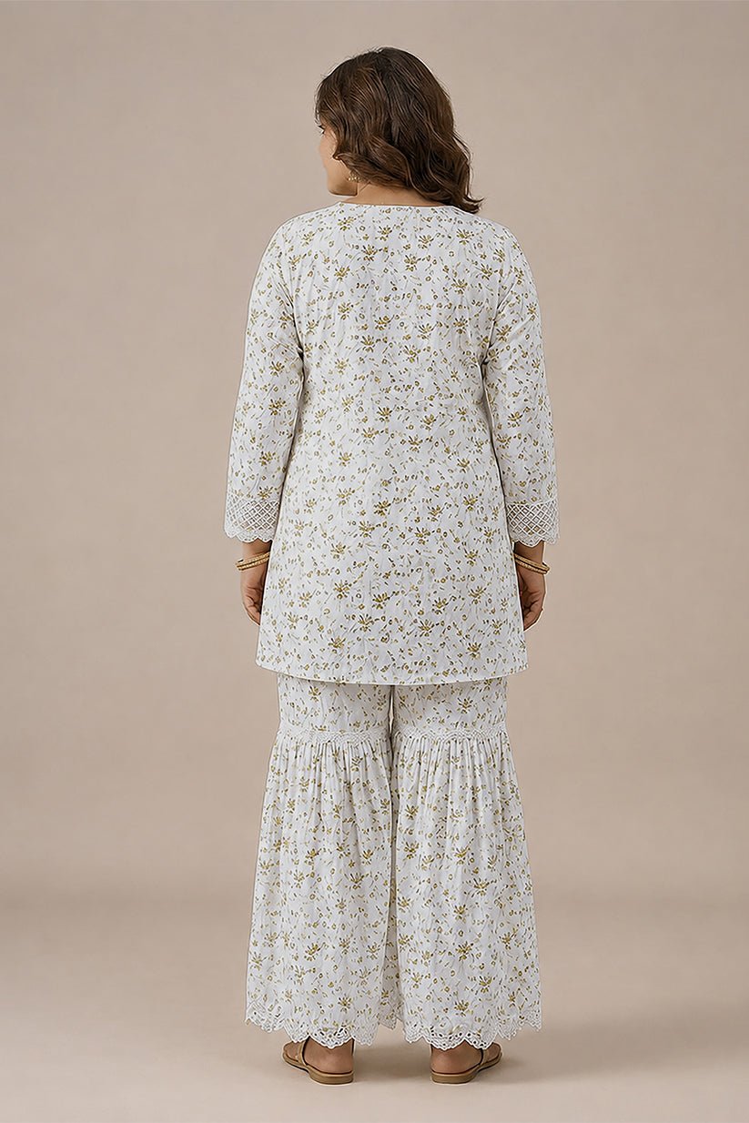 Women's White Floral Printed Chiffon Co-Ord Set with Sharara - The House of Indu