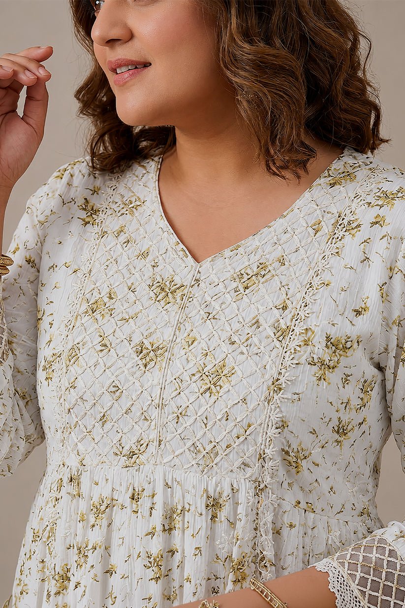 Women's White Floral Printed Chiffon Co-Ord Set with Sharara - The House of Indu
